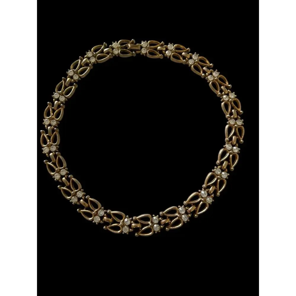 Rhinestone Collar Necklace Gold Tone Mid Century Vintage Wedding 15”
